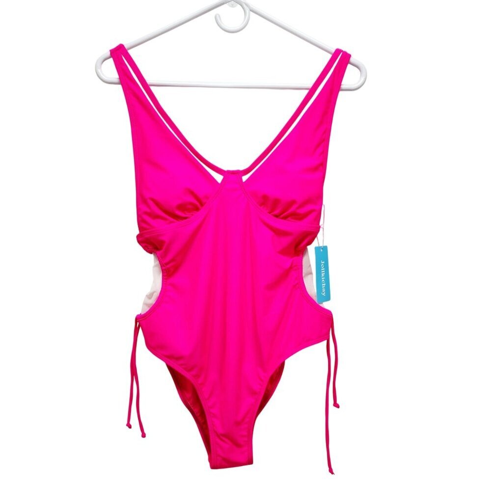 Pink Cutout One Piece Swimsuit  Adjustable Side Ties V Neck  Jollkichay Size M